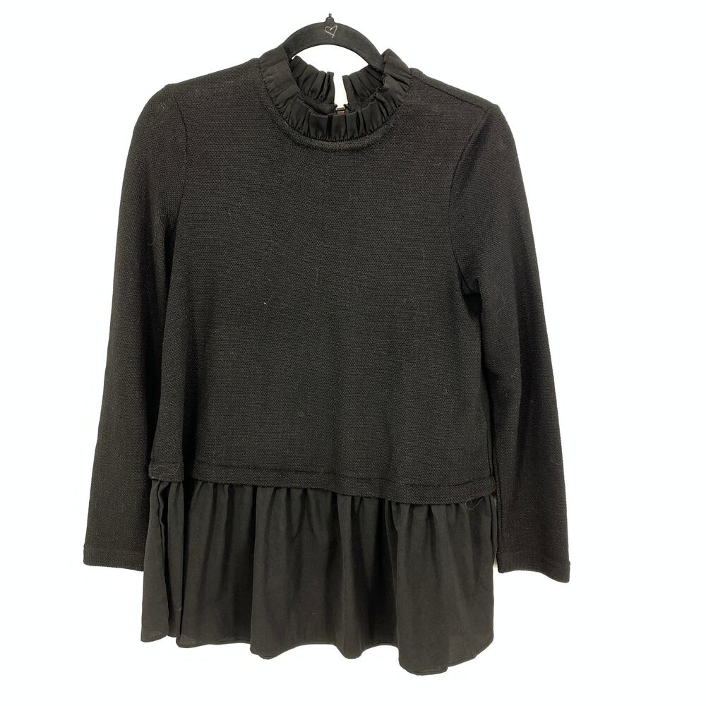 BeachLunchLounge Peplum Blouse Womens Size XS Ruffle Neck Black Long Sleeve